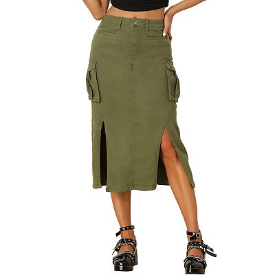 Denim Cargo Skirt For Women's Y2k Split Hem Midi Jean Skirts With
