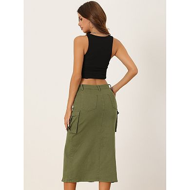 Denim Cargo Skirt For Women's Y2k Split Hem Midi Jean Skirts With Pocket