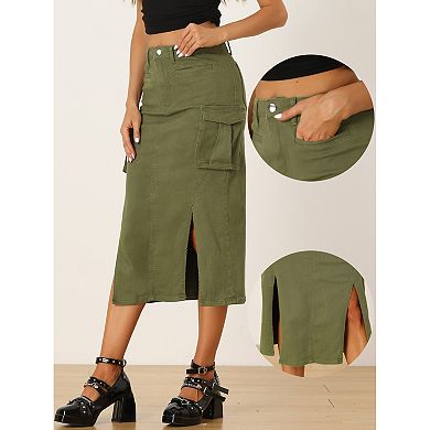Denim Cargo Skirt For Women's Y2k Split Hem Midi Jean Skirts With Pocket