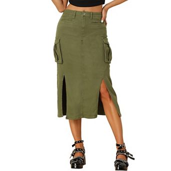 Denim Cargo Skirt for Women's Y2K Split Hem Midi Jean Skirts with Pocket