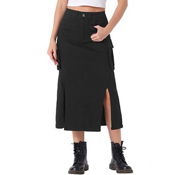 Denim Cargo Skirt for Women's Y2K Split Hem Midi Jean Skirts with Pocket