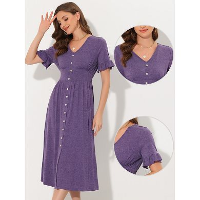 Women's Summer Casual Dress V Neck Button Flutter Sleeve Smocked High Waist Midi Dress