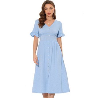 Women's Summer Casual Dress V Neck Button Flutter Sleeve Smocked High Waist Midi Dress