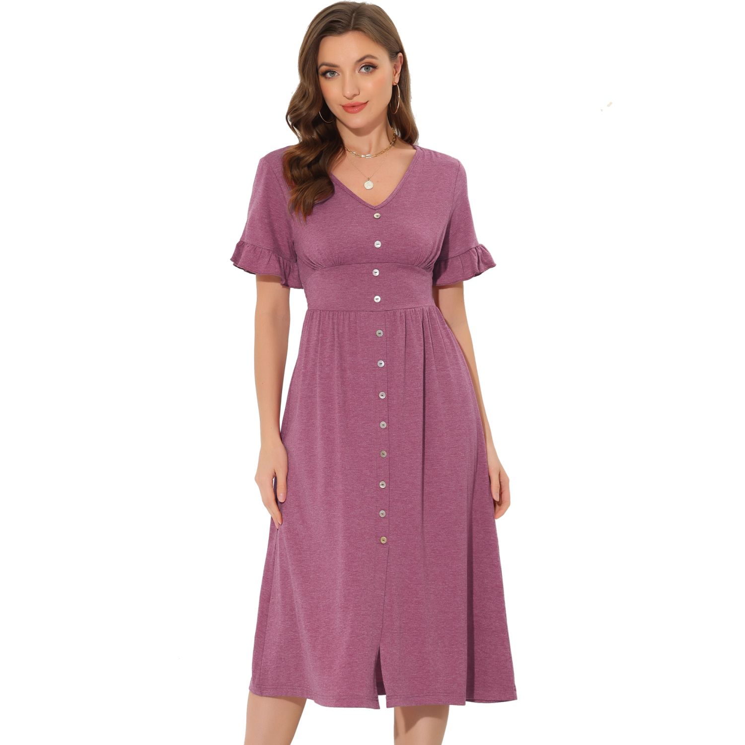 Casual Button Flutter Sleeve Smocked Midi Dresses Women's Summer Casual Dress V Neck Button Flutter Sleeve Smocked High Waist  Midi Dress