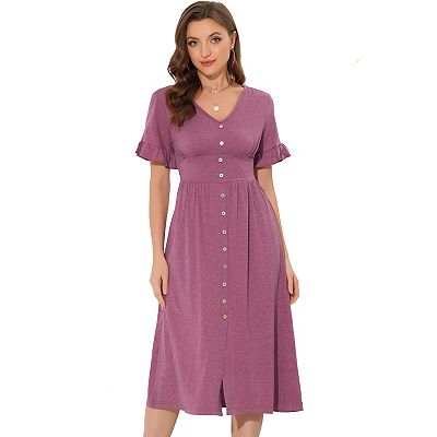 Casual Button Flutter Sleeve Smocked Midi Dresses, Purple / XL