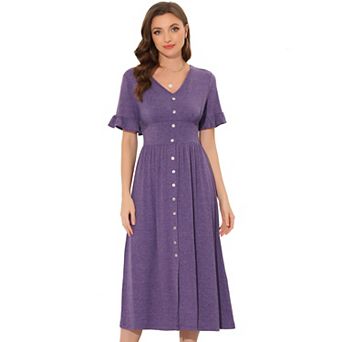 Women's Summer Casual Dress V Neck Button Flutter Sleeve Smocked High Waist Midi Dress