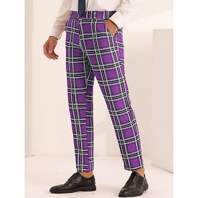 Plaid Pants For Men's Slim Fit Flat Front Business Checked Trousers