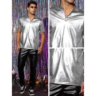 Metallic T-shirt For Men's Stand Collared Shiny Disco Party Polo Tops