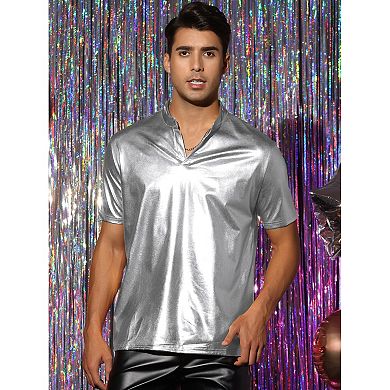 Metallic T-shirt For Men's Stand Collared Shiny Disco Party Polo Tops