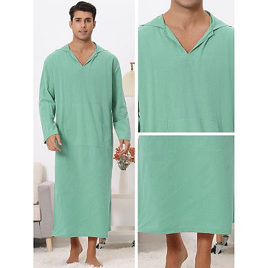 Hoodie Nightshirt for Men's Solid Color Side Split V Neck Hooded Long Night Gown