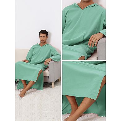 Hoodie Nightshirt For Men's Solid Color Side Split V Neck Hooded Long Night Gown