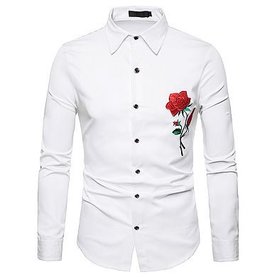 Rose Shirts For Men's Point Collar Long Sleeve Solid Floral Shirts
