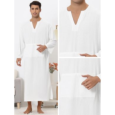 Nightshirt for Men's V-Neck Long Sleeves Pajamas Nightgown with Pockets
