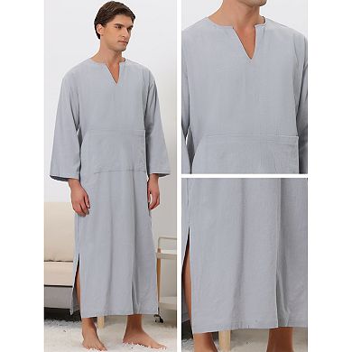 Nightshirt for Men's V-Neck Long Sleeves Pajamas Nightgown with Pockets