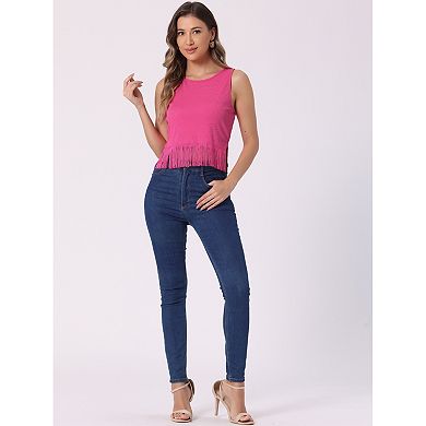 Ribbed Knit Tank for Women's Crew Neck Sleeveless Crop Tassel Trim Vest