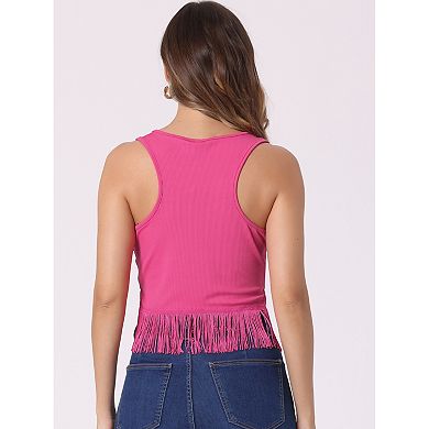 Ribbed Knit Tank For Women's Crew Neck Sleeveless Crop Tassel Trim Vest