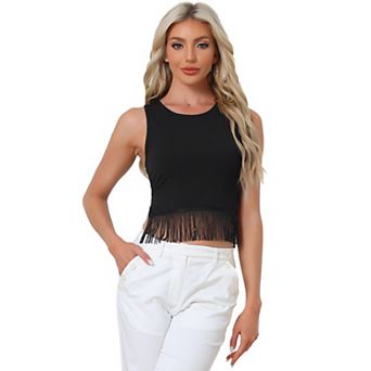 Ribbed Knit Tank For Women's Crew Neck Sleeveless Crop Tassel Trim Vest