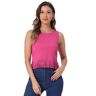 Ribbed Knit Tank for Women's Crew Neck Sleeveless Crop Tassel Trim Vest