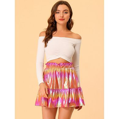Women's Metallic Mini Skirt Shiny Ruffle High Waist A-line Skirts