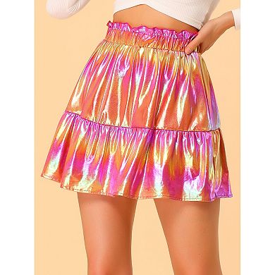 Women's Metallic Mini Skirt Shiny Ruffle High Waist A-line Skirts