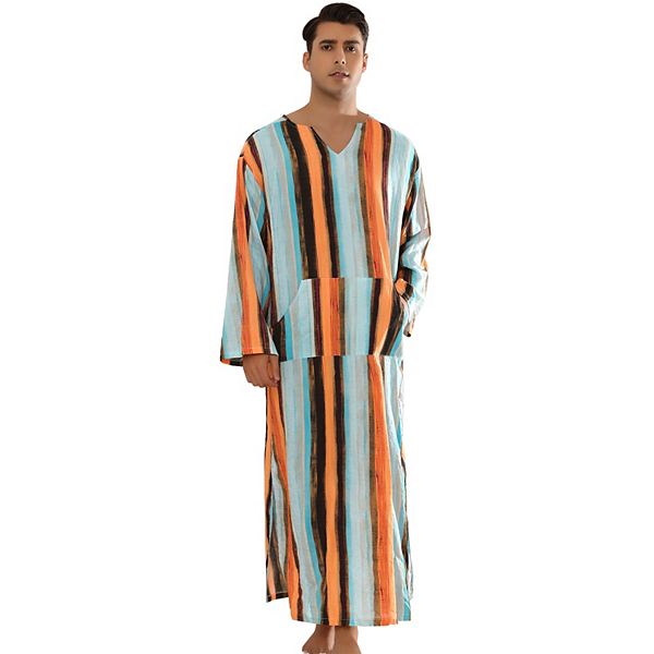 Striped Nightshirts For Men's V Neck Long Sleeves Pajamas Shirts Nightwear