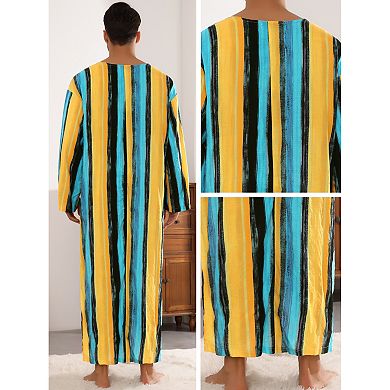 Striped Nightshirts For Men's V Neck Long Sleeves Pajamas Shirts Nightwear