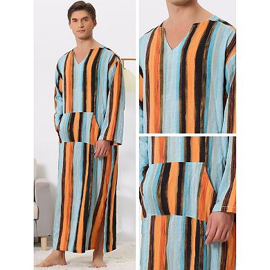 Striped Nightshirts For Men's V Neck Long Sleeves Pajamas Shirts Nightwear