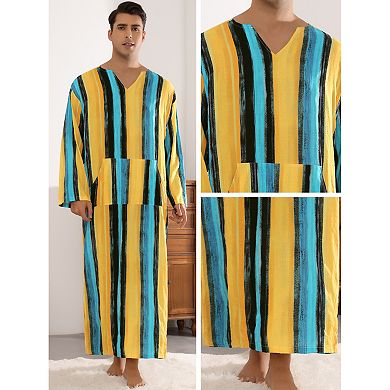 Striped Nightshirts For Men's V Neck Long Sleeves Pajamas Shirts Nightwear