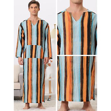 Striped Nightshirts For Men's V Neck Long Sleeves Pajamas Shirts Nightwear