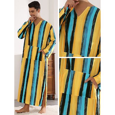 Striped Nightshirts For Men's V Neck Long Sleeves Pajamas Shirts Nightwear