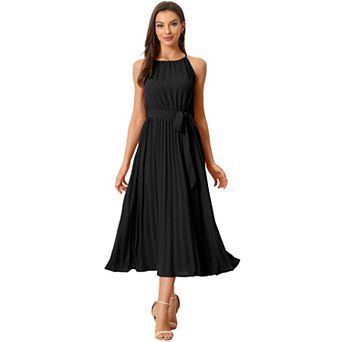 Women's Sleeveless Halter Neck Belted a-line Cocktail Pleated Dress