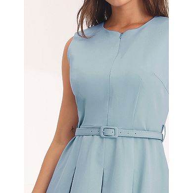 Women's Sleeveless Dress Zip Up Belted Fit & Flare Work Dresses