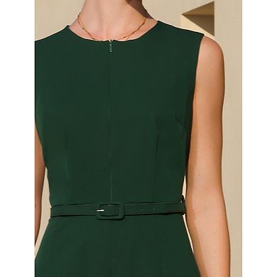 Women's Sleeveless Dress Zip Up Belted Fit & Flare Work Dresses