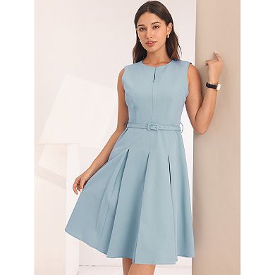 Women's Sleeveless Dress Zip Up Belted Fit & Flare Work Dresses