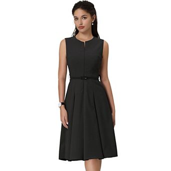 Women's Sleeveless Dress Zip Up Belted Fit & Flare Work Dresses