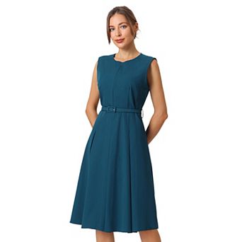 Women's Sleeveless Dress Zip Up Belted Fit & Flare Work Dresses