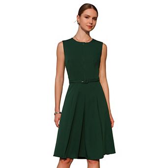 Women's Sleeveless Dress Zip Up Belted Fit & Flare Work Dresses