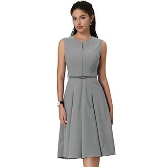 Women's Sleeveless Dress Zip Up Belted Fit & Flare Work Dresses