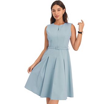 Women's Sleeveless Dress Zip Up Belted Fit & Flare Work Dresses