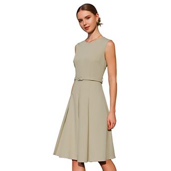 Women's Sleeveless Dress Zip Up Belted Fit & Flare Work Dresses