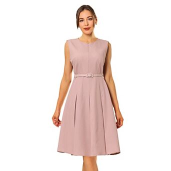 Women's Sleeveless Dress Zip Up Belted Fit & Flare Work Dresses