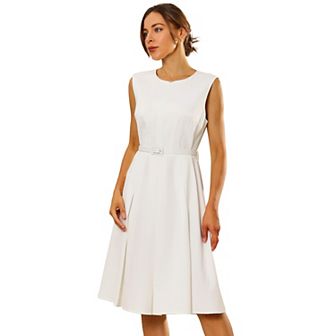 Women's Sleeveless Dress Zip Up Belted Fit & Flare Work Dresses