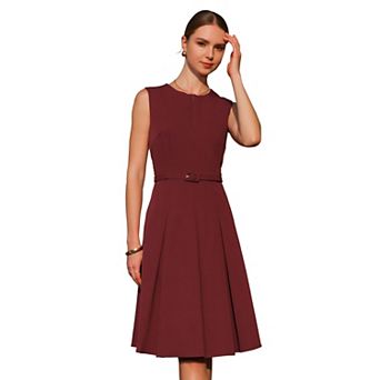 Women's Sleeveless Dress Zip Up Belted Fit & Flare Work Dresses