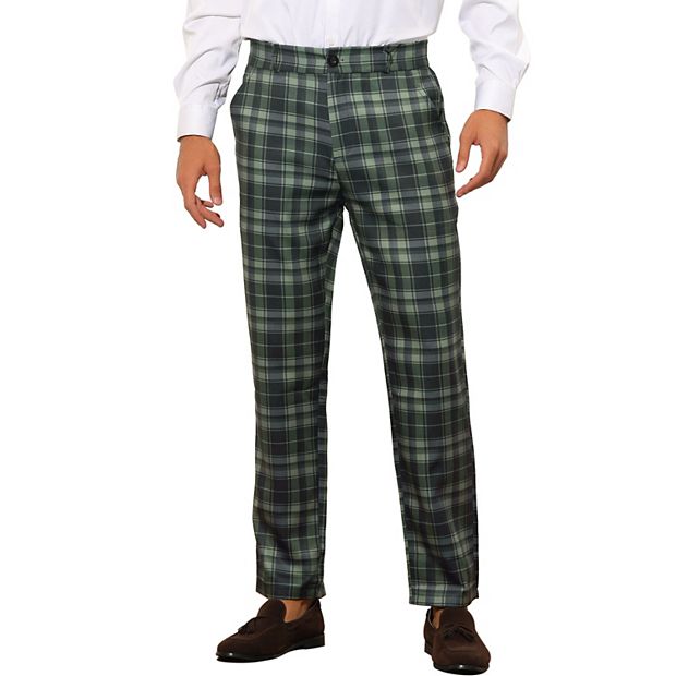 Plaid Pants for Men's Flat Front Straight Fit Checked Trouser