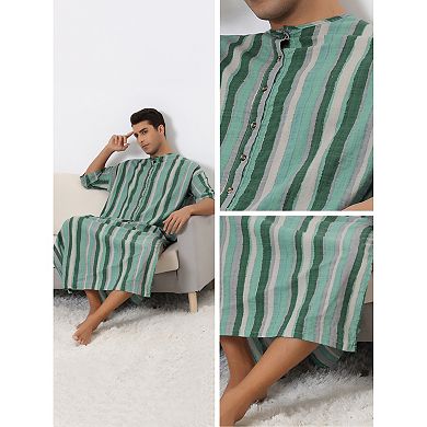 Striped Nightshirts For Men's Contrast Colors Short Sleeves Button Down Stripes Nightgown
