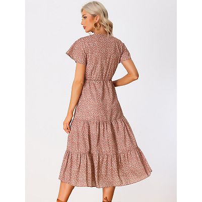 Women's Summer Boho Dress Casual Short Sleeve V Neck Tiered Floral Midi  Dresses
