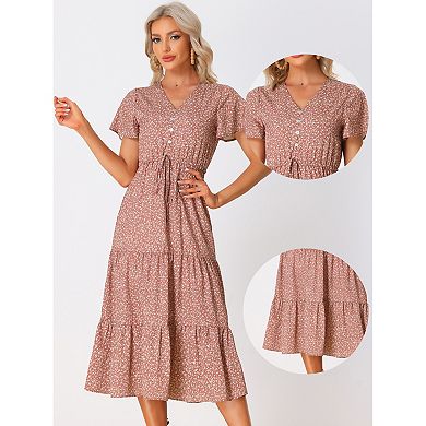 Women's Summer Boho Dress Casual Short Sleeve V Neck Tiered Floral Midi Dresses
