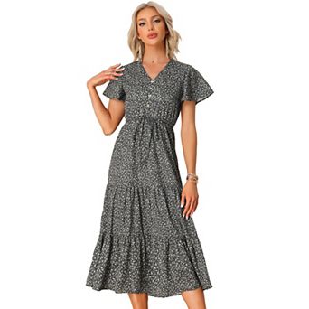 Women's Summer Boho Dress Casual Short Sleeve V Neck Tiered Floral Midi Dresses