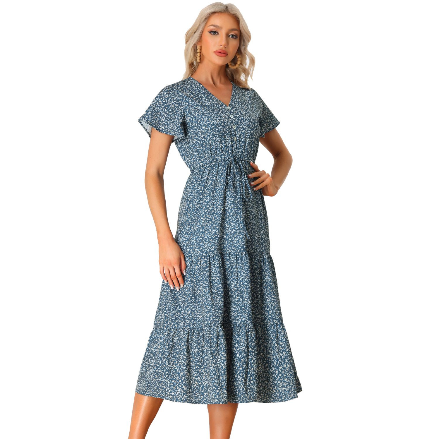 Women's Summer Boho Dress Casual Short Sleeve V Neck Tiered Floral Midi  Dresses