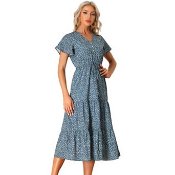 Women's Summer Boho Dress Casual Short Sleeve V Neck Tiered Floral Midi Dresses